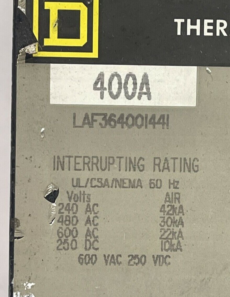 SQUARE D LAF364001441 CIRCUIT BREAKER 400A 600VAC/250VDC 3POLE LA11042 LA11212