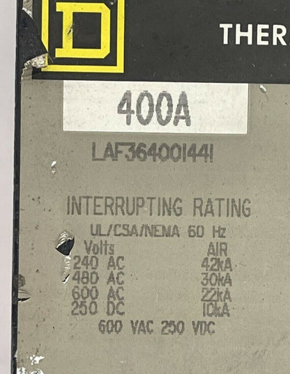 SQUARE D LAF364001441 CIRCUIT BREAKER 400A 600VAC/250VDC 3POLE LA11042 LA11212