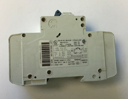 ALLEN BRADLEY 1489-A2C100  SER A 2 POLE 10A CIRCUIT BREAKER 277VAC/96VDC