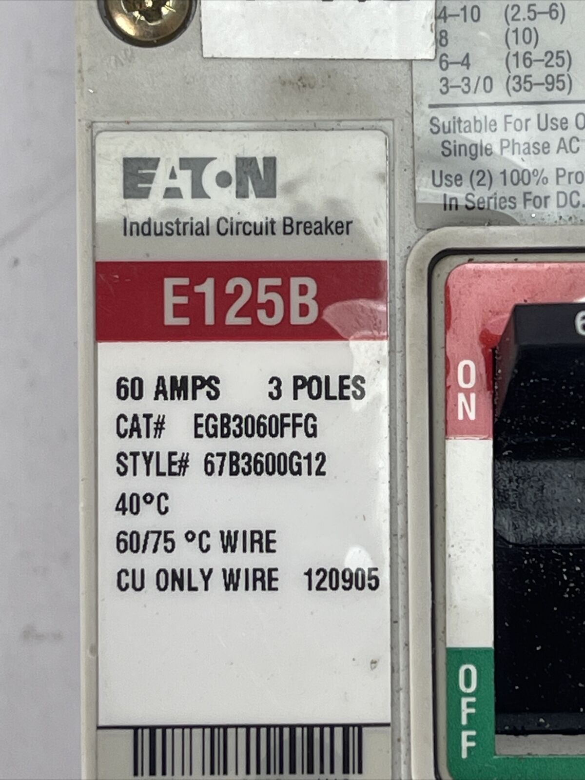EATON EGB3060FFG INDUSTRIAL CIRCUIT BREAKER 60AMP 3POLE 250VDC 480VAC 67B3600G12