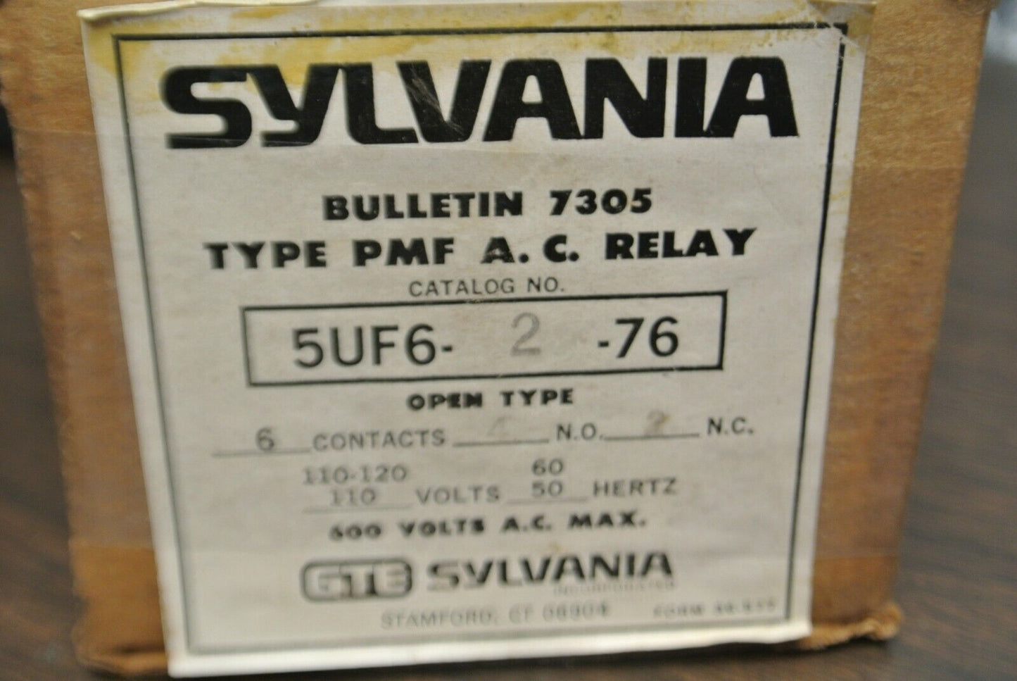 SYLVANIA 5UF6-2-76 / AC RELAY / 6 CONTACTS: 4 N.O., 2 N.C. / 110-120V COIL