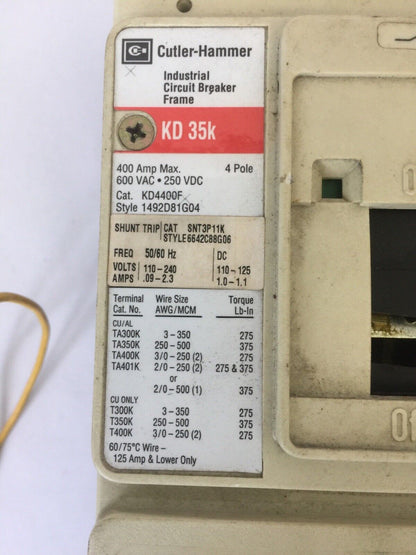 CUTLER HAMMER CIRCUIT BREAKER KD4400F 400A 4P 600VAC 250VDC KT3300T SNT3P11K