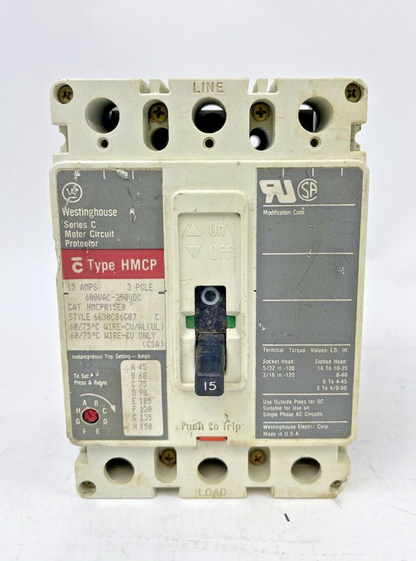 WESTINGHOUSE - HMCP015E0 - CIRCUIT BREAKER 6630C86G07, SER. C, 15A, 3-POLE- USED