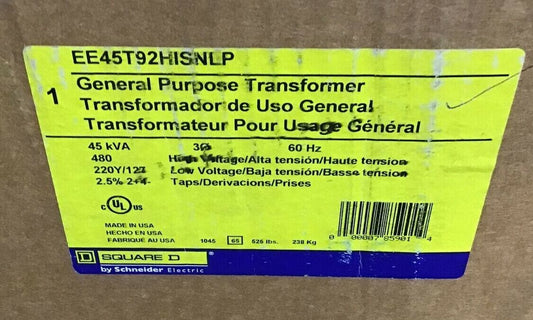 SQUARE D EE45T92HISNLP TRANSFORMER 45KVA 480V PRIM. 220Y/127 118.1A 60HZ TYPE 2