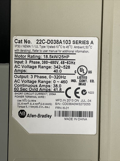 ALLEN BRADLEY 22C-D038A103 SER A FRN 6.01 AC DRIVE OUTPUT 0-460VAC 18.5kW/25HP