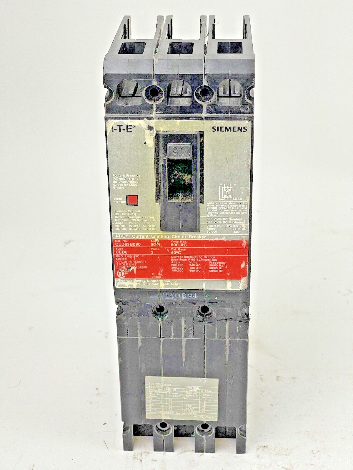 ITE - SIEMENS - CED63B090 - CIRCUIT BREAKER - 90 A, 600 VAC, 3 POLE, TYPE CED6