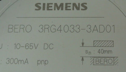 SIEMENS 3RG4033-3AD01 - INDUCTIVE PROXIMITY SWITCH 10-65VDC 0.3A - NEW SURPLUS