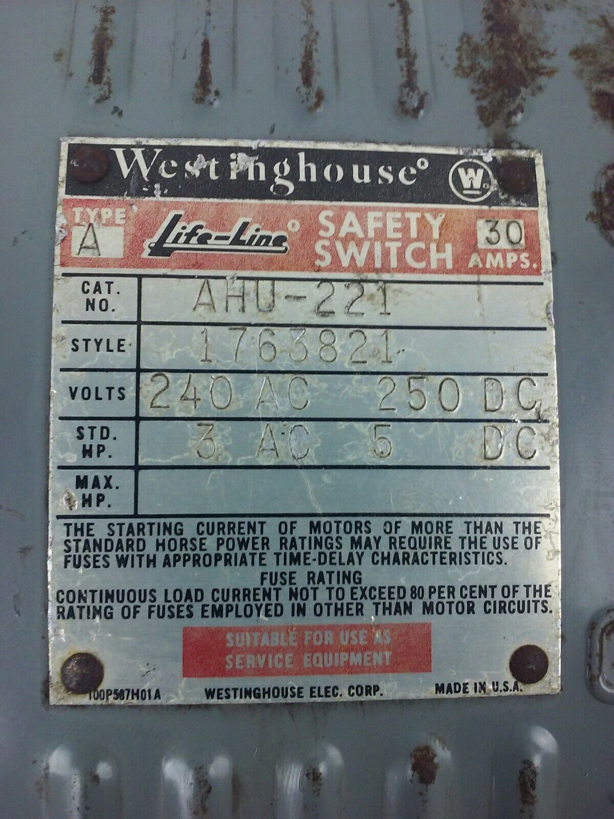 WESTINGHOUSE, AHU-221, SAFETY SWITCH, 2P, 30A, 240VAC/ 250VDC, TYPE A, AHU, NEW