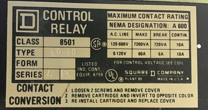 SQUARE D 8501 LO-80 AC MAGNETIC RELAY SER.A 120-60/110-50