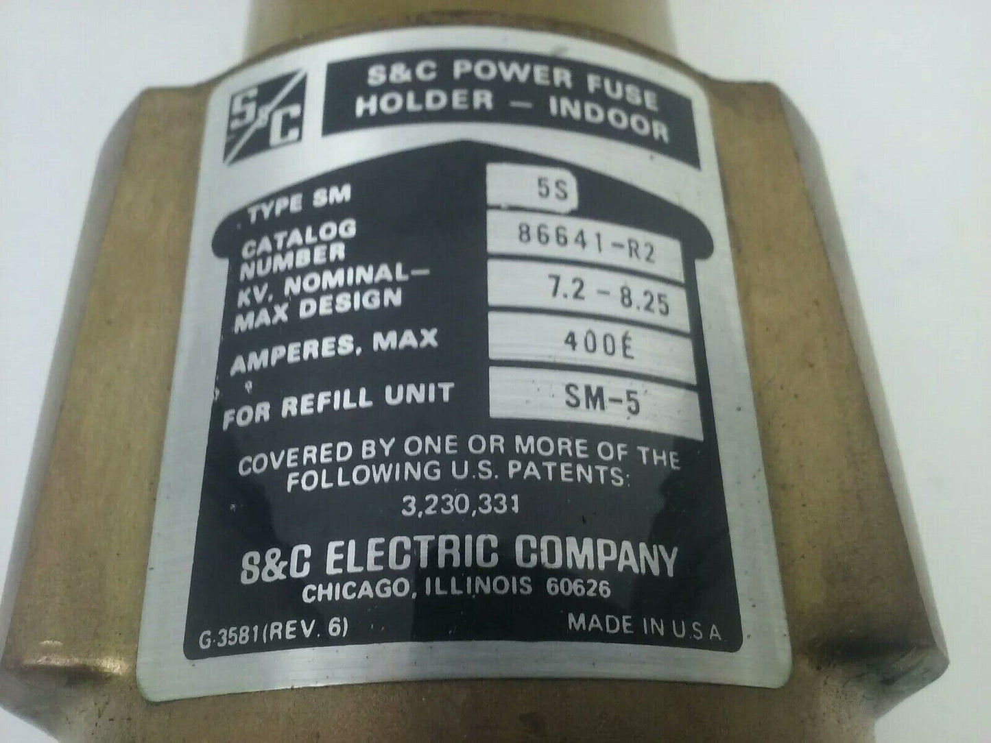 S&C POWER FUSE HOLDER INDOOR 86641-R2 TYPE SM-5S 400E AMP 7.2-8.25 KV NOMINAL