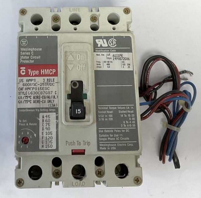 CUTLER HAMMER HMCP015E0C CIRCUIT BREAKER 15A 3POLE 600VAC-250VDC