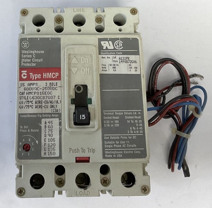 CUTLER HAMMER HMCP015E0C CIRCUIT BREAKER 15A 3POLE 600VAC-250VDC