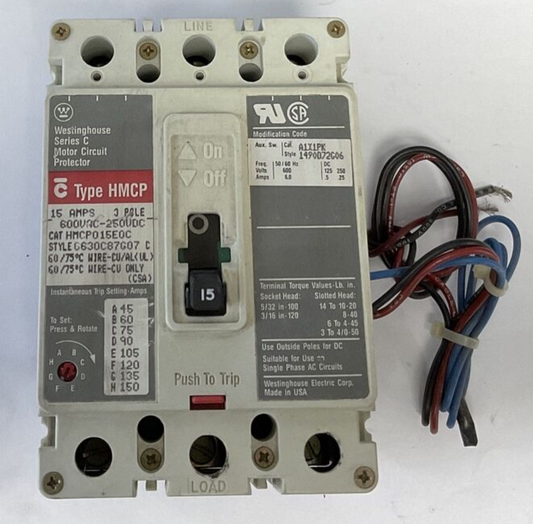 CUTLER HAMMER HMCP015E0C CIRCUIT BREAKER 15A 3POLE 600VAC-250VDC