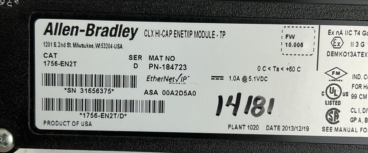 ALLEN BRADLEY 1756-EN2T SER D FW 10.006 CLX HI-CAP ENET/IP MODULE