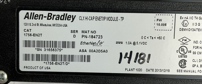 ALLEN BRADLEY 1756-EN2T SER D FW 10.006 CLX HI-CAP ENET/IP MODULE