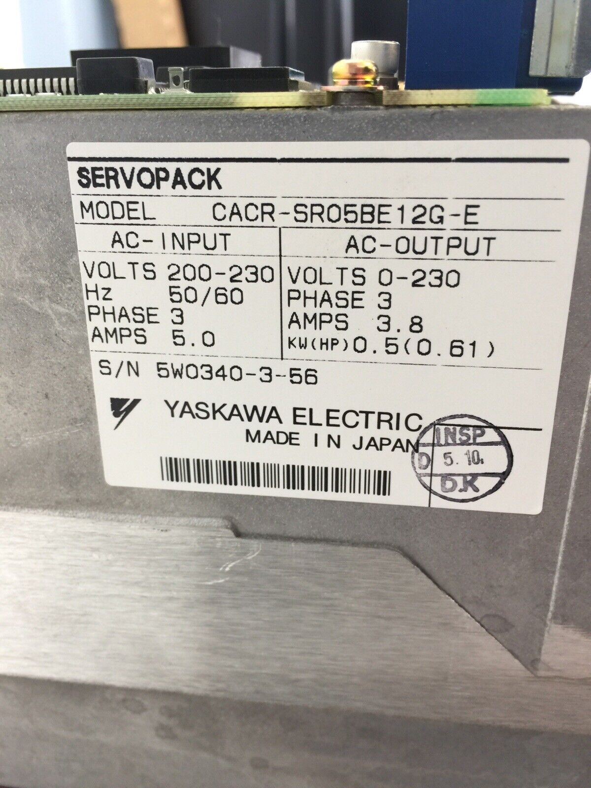 YASKAWA CACR-SR05BE12G-E AC SERVOPACK INPUT 200-230VAC 5A OUTPUT 0-230VAC  3.8A