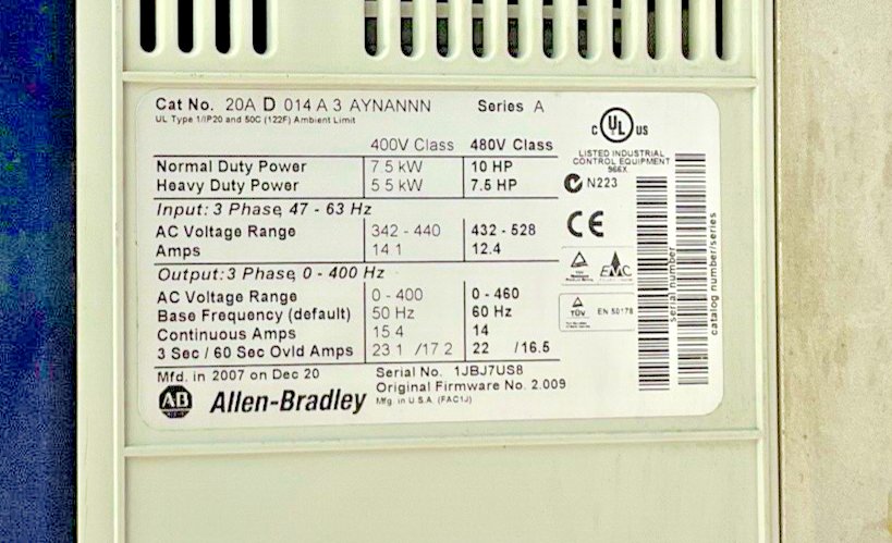 ALLEN BRADLEY 20AD014A3AYNANNN AC DRIVE SER.A 7.5KW 10HP FRM:2.009 POWERFLEX 70