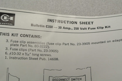 CUTLER-HAMMER C350KC21 FUSE CLIP KIT / 30A / 250V / SIZE 1 / NEW SURPLUS