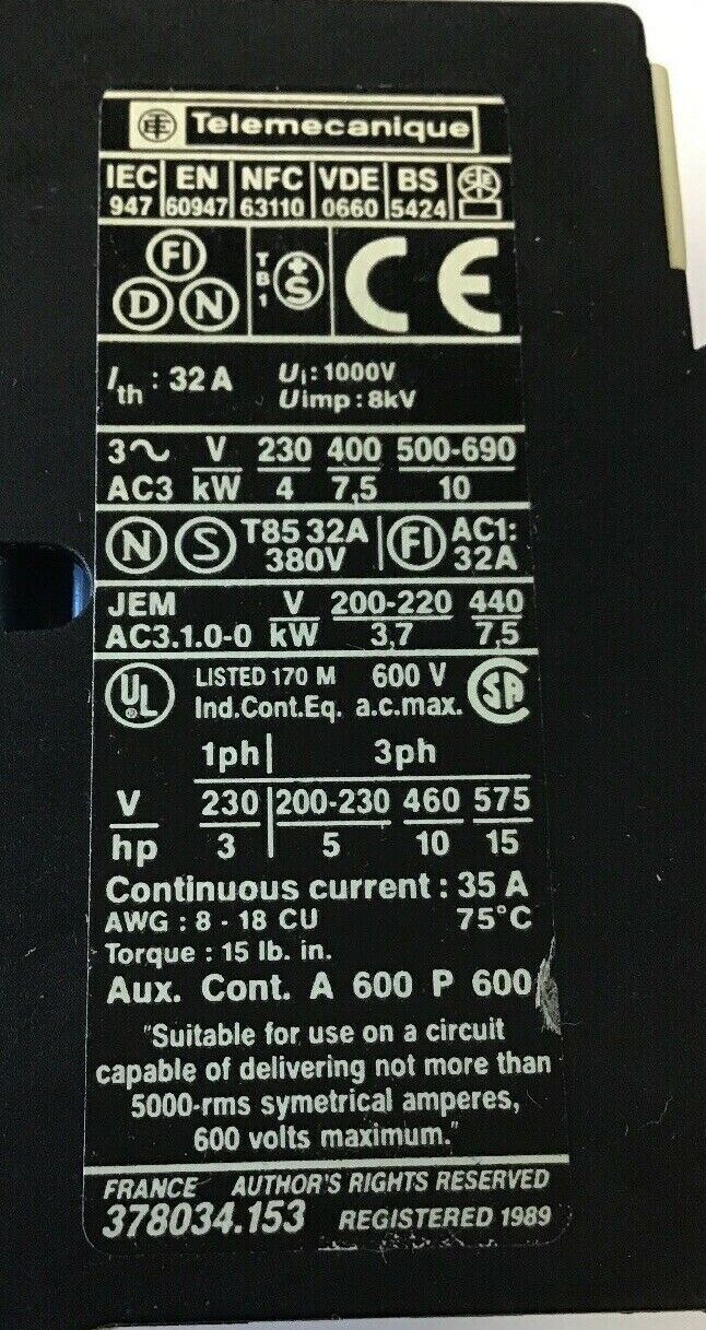 TELEMECANIQUE LP1D1810 CONTACTOR 600VAC