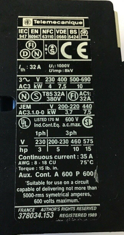 TELEMECANIQUE LP1D1810 CONTACTOR 600VAC