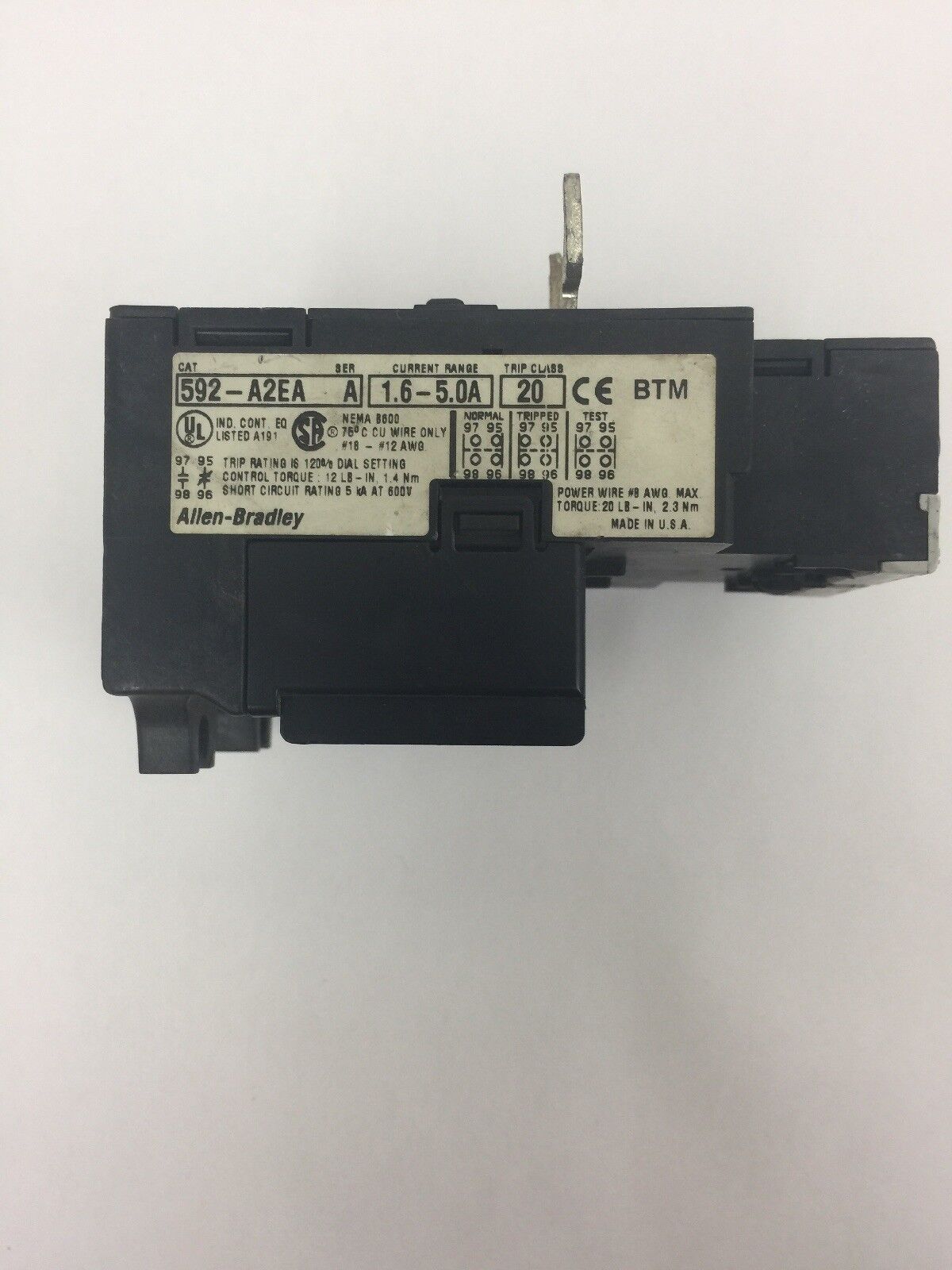 ALLEN BRADELY 592-A2EA OVERLOAD RELAY SER A CURRENT RANGE 1.6-5.0A TRIP CLASS 20