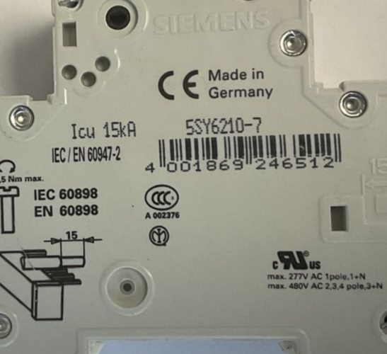 SIEMENS 5SY62 CIRCUIT BREAKER MCB C10 400VAC 15KA 5SY6210-7