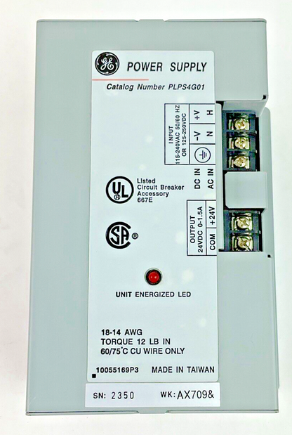 GENERAL ELECTRIC PLPS4G01 POWER SUPPLY 18-14 AWG 24VDC 0-1.5A