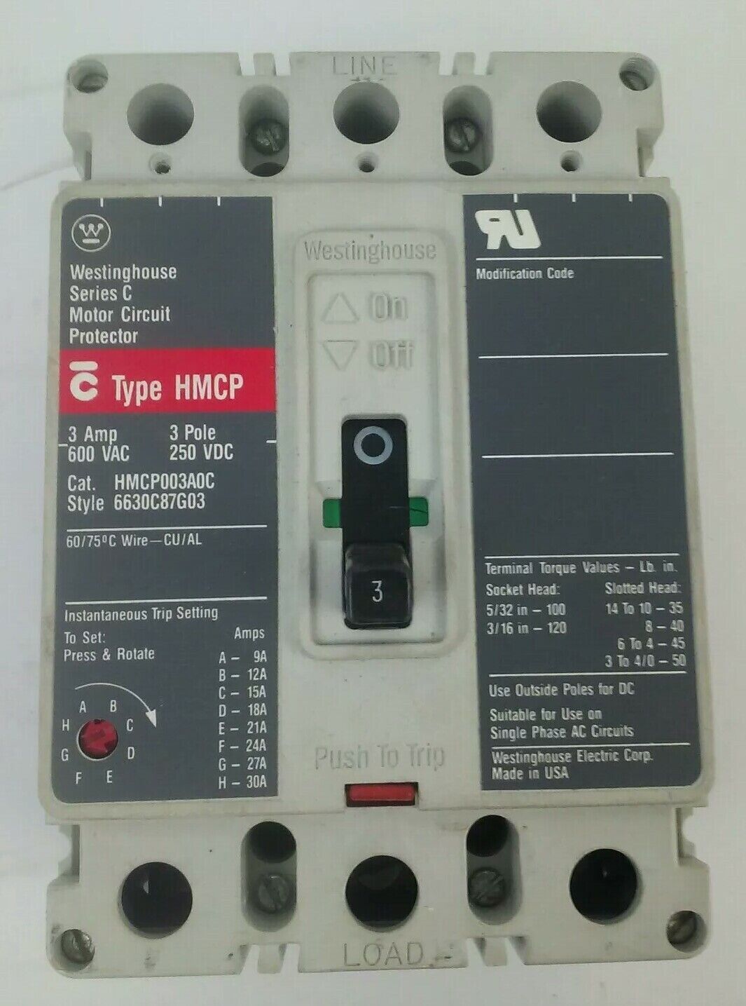 WESTINGHOUSE HMCP003A0C SER.C MOTOR CIRCUIT PROTECTOR TRIP UNIT 3A 3P 600V