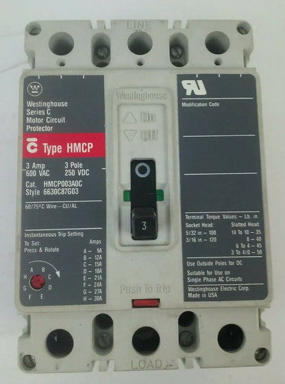 WESTINGHOUSE HMCP003A0C SER.C MOTOR CIRCUIT PROTECTOR TRIP UNIT 3A 3P 600V