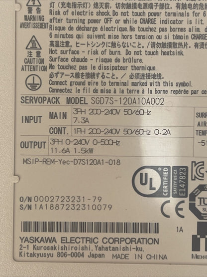 YASKAWA SGD7S-120A10A002 SERVO DRIVE OUTPUT 0-240V 11.6A INPUT 200-240V 7.3A