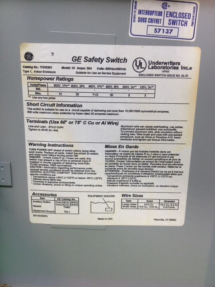 GENERAL ELECTRIC THN3361 SAFETY SWITCH MODEL 10 30AMP 600VAC 3PH 30HP 250VDC 5HP