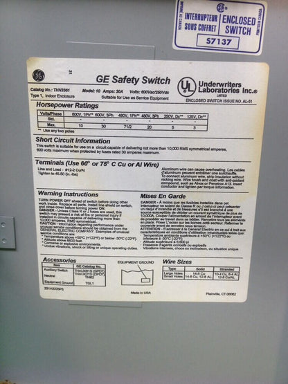 GENERAL ELECTRIC THN3361 SAFETY SWITCH MODEL 10 30AMP 600VAC 3PH 30HP 250VDC 5HP