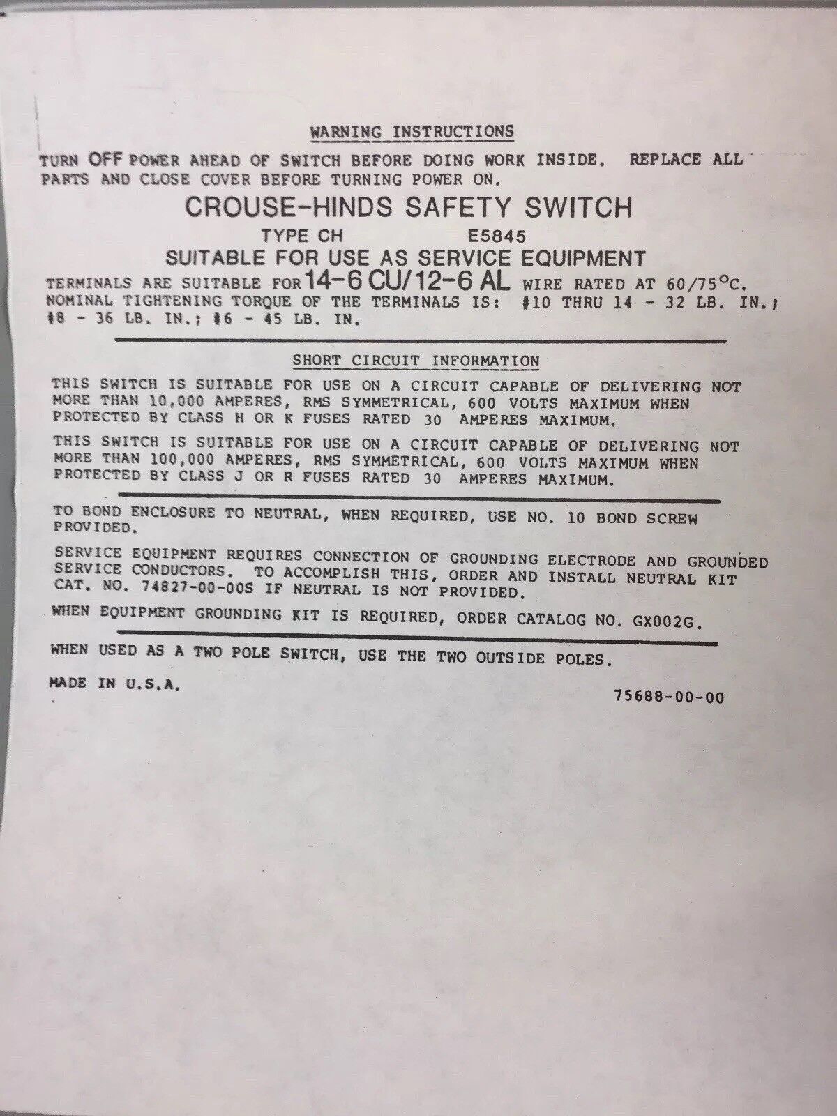 CROUSE-HINDS HU361AJ SAFETY SWITCH 30 AMPS 600 VAC 3 POLE NO NEUTRAL NO FUSES