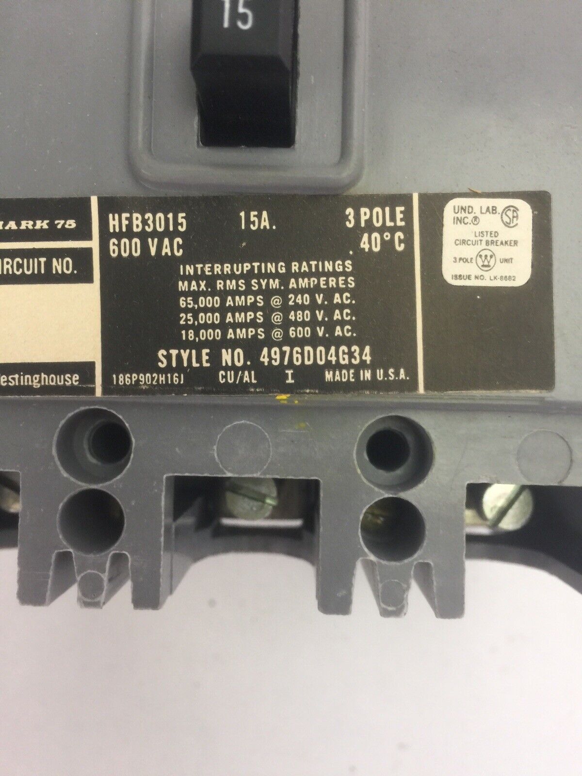 WESTINGHOUSE HFB3015 AB DE-ION CIRCUIT BREAKER 15AMP 600VAC 3 POLE