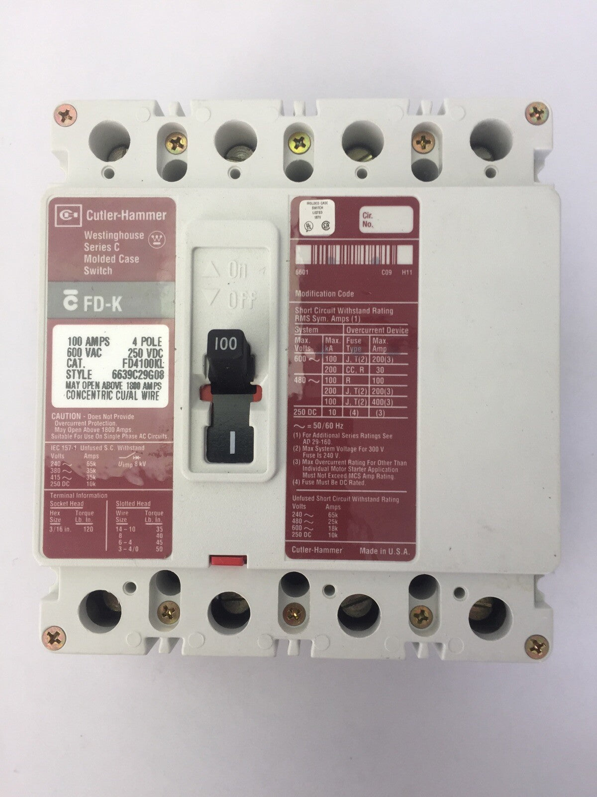 CUTLER HAMMER WESTINGHOUSE FD4100KL MOLDED CASE SWITCH 100A 600VAC 4POLE SER C
