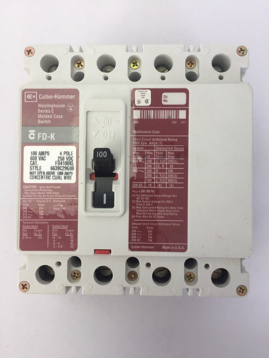 CUTLER HAMMER WESTINGHOUSE FD4100KL MOLDED CASE SWITCH 100A 600VAC 4POLE SER C