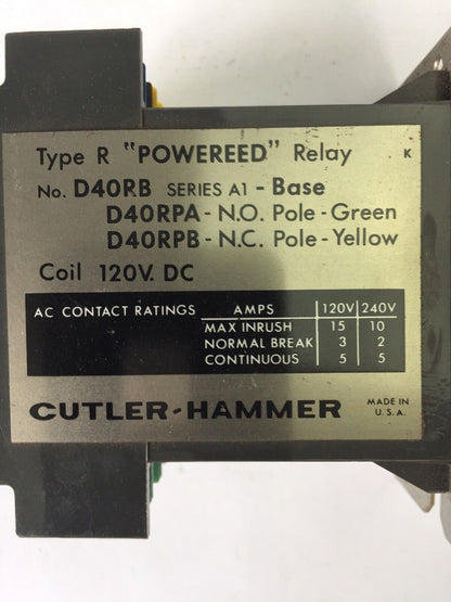 CUTLER HAMMER D40RB TYPE R POWEREED RELAY 120/240V COIL 120VDC (D40RPA D40RPB)