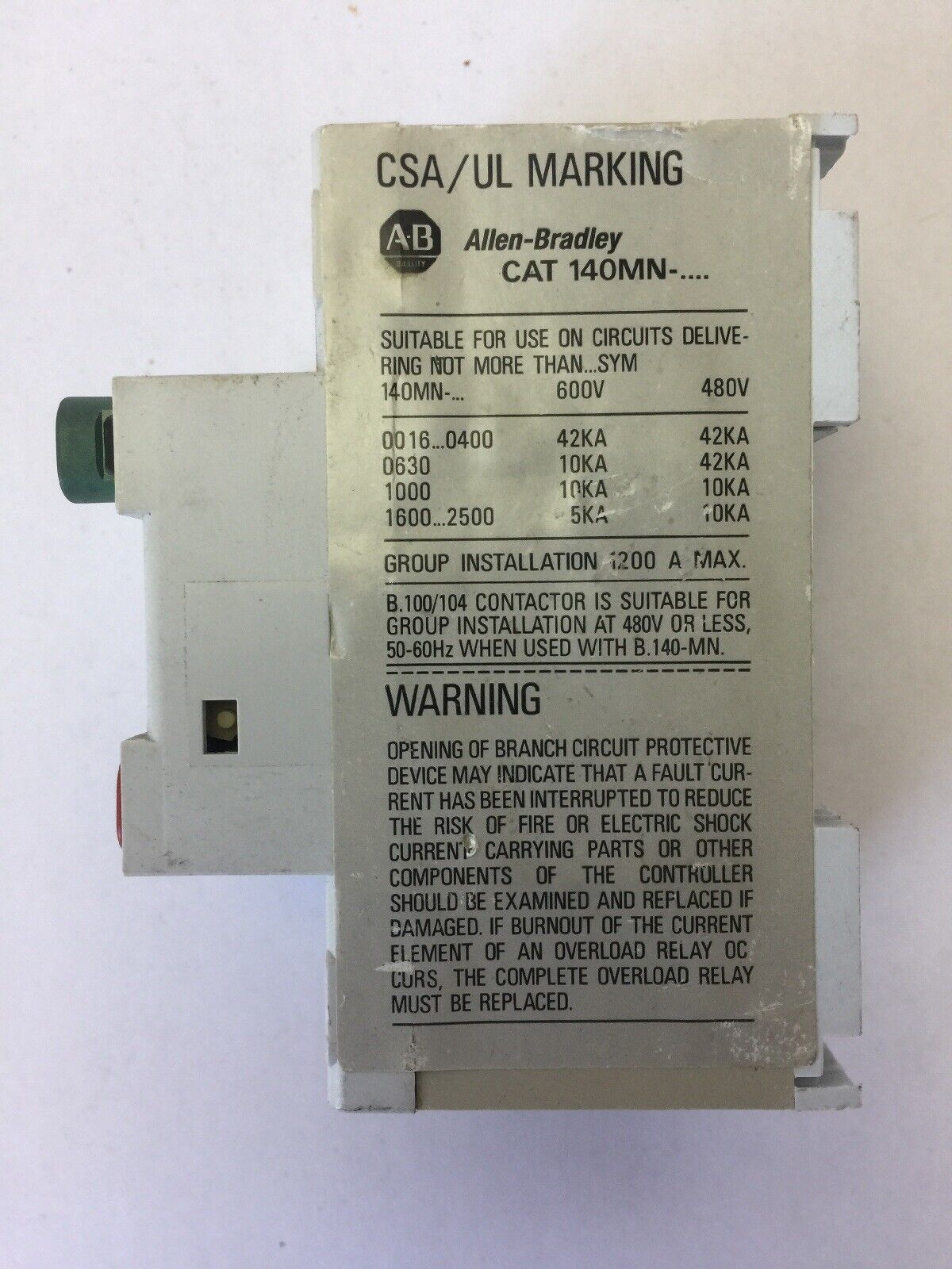 ALLEN BRADLEY 140-MN-0250 MANUAL MOTOR STARTER 600V 3 PH 1.5 HP SER C 1.6-2.5A