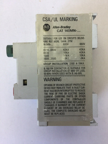 ALLEN BRADLEY 140-MN-0250 MANUAL MOTOR STARTER 600V 3 PH 1.5 HP SER C 1.6-2.5A