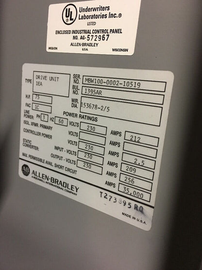 ALLEN BRADLEY 1395 DC DRIVE CONTROLLER 75 H.P. 230V
