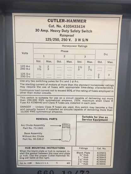 CUTLER HAMMER 4105H3341H FUSIBLE SAFETY SWITCH  30A 250VDC 240VAC 7.5HP RAINPRO