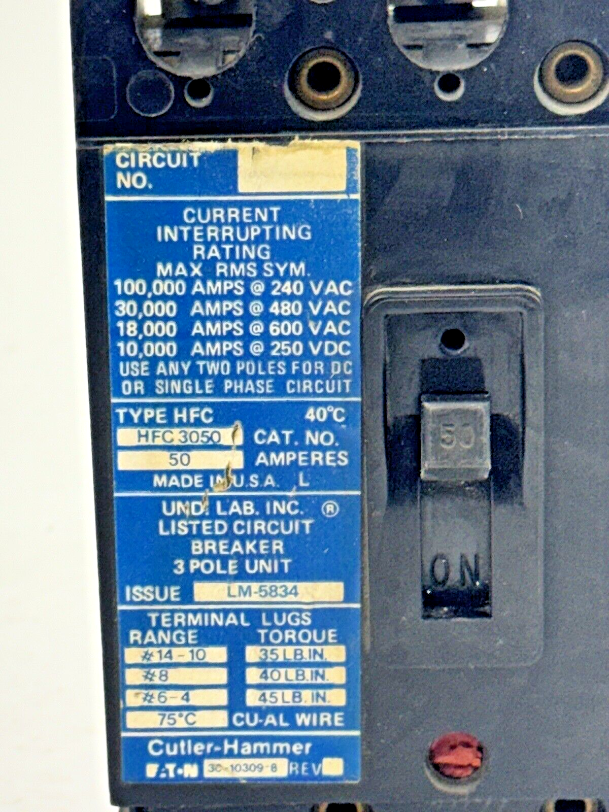 CUTLER-HAMMER - HFC3050 - CIRCUIT BREAKER - 50A/ 240 VAC/ 3 POLE