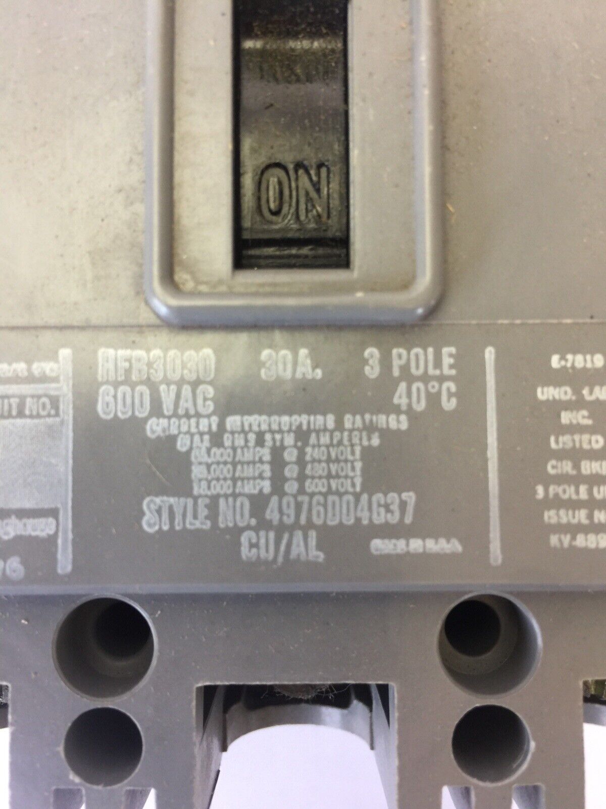 WESTINGHOUSE HFB3030 AB DE-ION CIRCUIT BREAKER 30AMP 600VAC 3POLE 4976D04G37