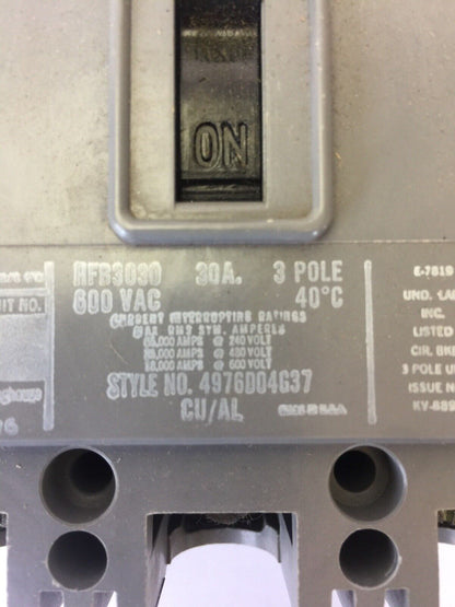WESTINGHOUSE HFB3030 AB DE-ION CIRCUIT BREAKER 30AMP 600VAC 3POLE 4976D04G37