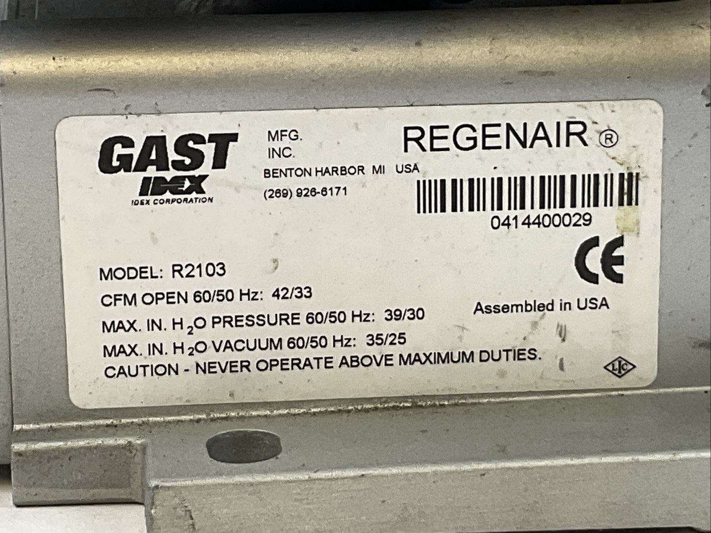 GAST RTEGENAIR R2103 UD MOTORS J311X K37JXEG-173 1/3HP 3450RPM 115/208-230V