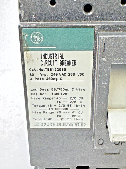 GE - TEB132080 - INDUSTRIAL CIRCUIT BREAKER  - 80 A, 240 VAC, 250 VDC, 3 POLE