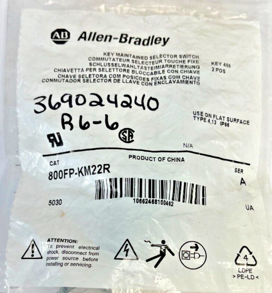 ALLEN BRADLEY - 800FP-KM22R - KEYED SELECTOR SWITCH - SERIES A