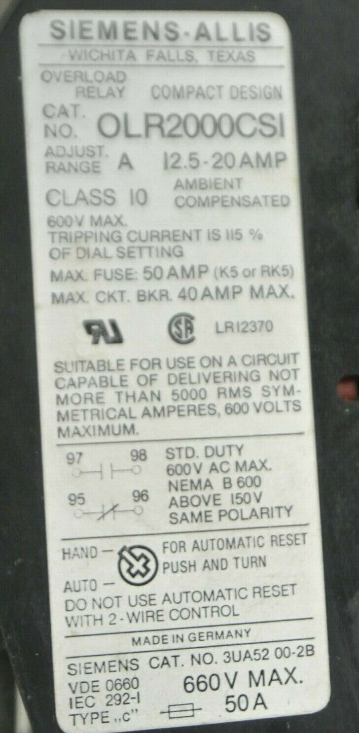 SIEMENS-ALLIS OLR2000CS1 OVERLOAD RELAY 1.25-2.0A