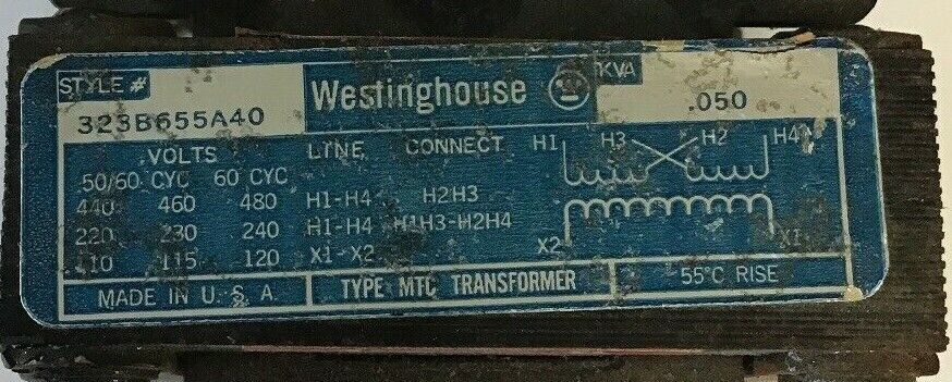 WESTINGHOUSE 323B655A40 KVA.050 50/60CY TRANSFORMER 480V TYPE MTC