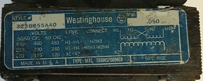 WESTINGHOUSE 323B655A40 KVA.050 50/60CY TRANSFORMER 480V TYPE MTC